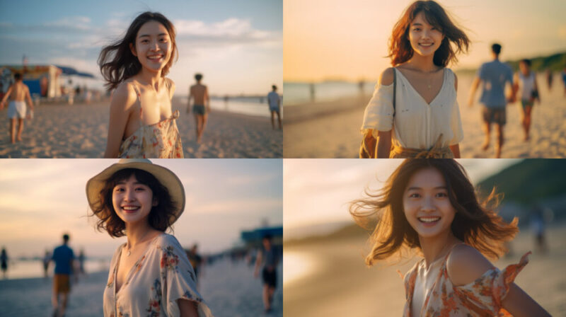 A detailed image of japanease girl walking and smile during summer morning on the beach, taken with a Sony a7R IV, using Leica 11678 with cinematic lighting --ar 16:9